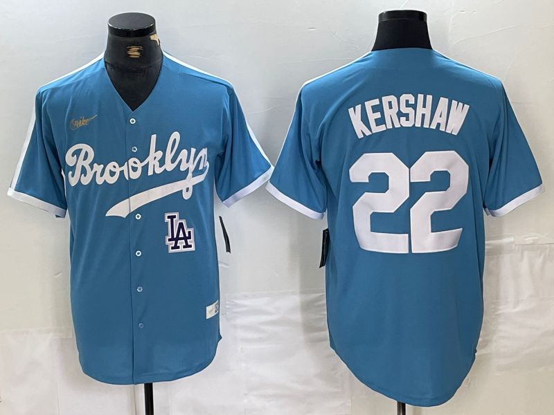 Men Los Angeles Dodgers 22 Kershaw Light blue Throwback 2024 Nike MLB Jersey style 2